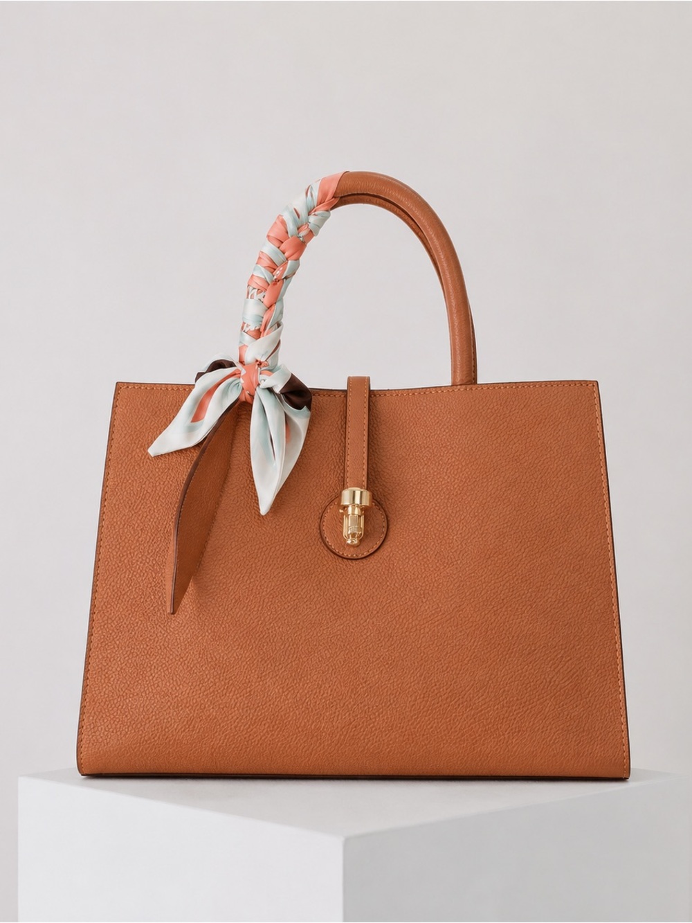 Elegant Leather Top-Handle Bag with Scarf Accent